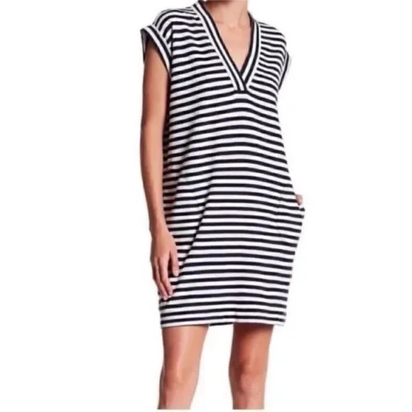 ATM Anthony Thomas Melillo V Neck Navy Striped Shift Dress - Picture 1 of 9